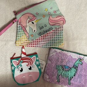 Accessory bag bundle. Mermaids, unicorns, hearts & llama New & lightly used.
